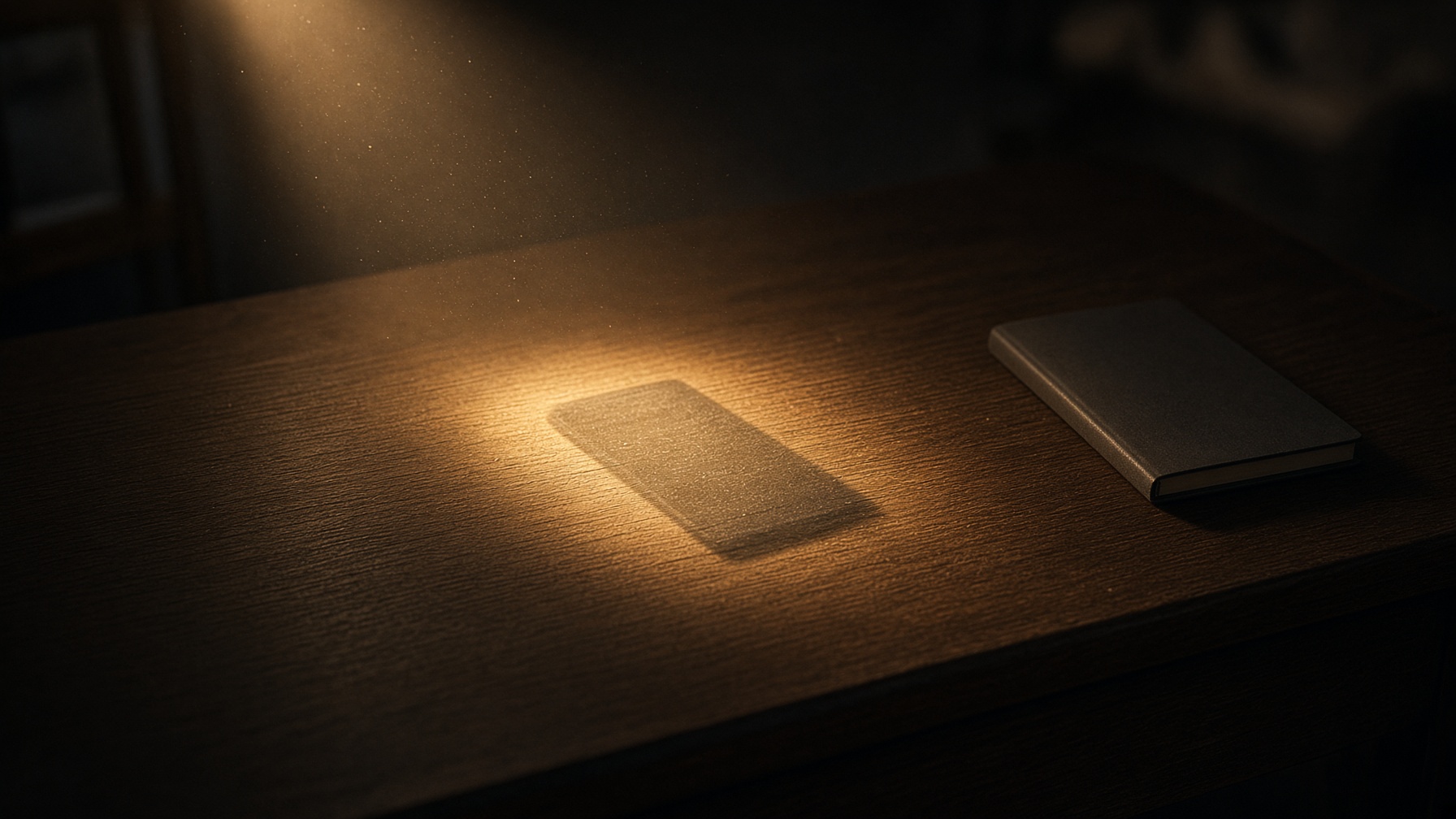 The same desk after the phone is gone. A warmer rectangle remains in the lamplight. Created by Grok.