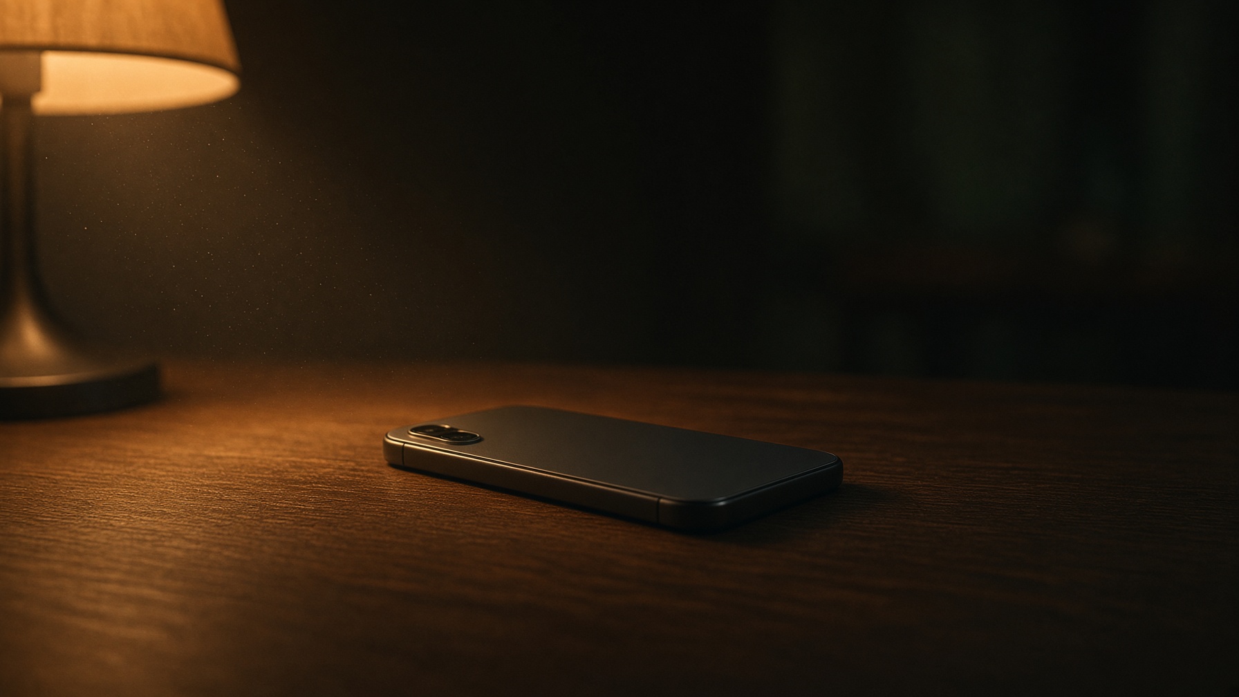 A dark phone lying face down on a wooden desk, in the pool of a single warm lamp. Created by Grok.