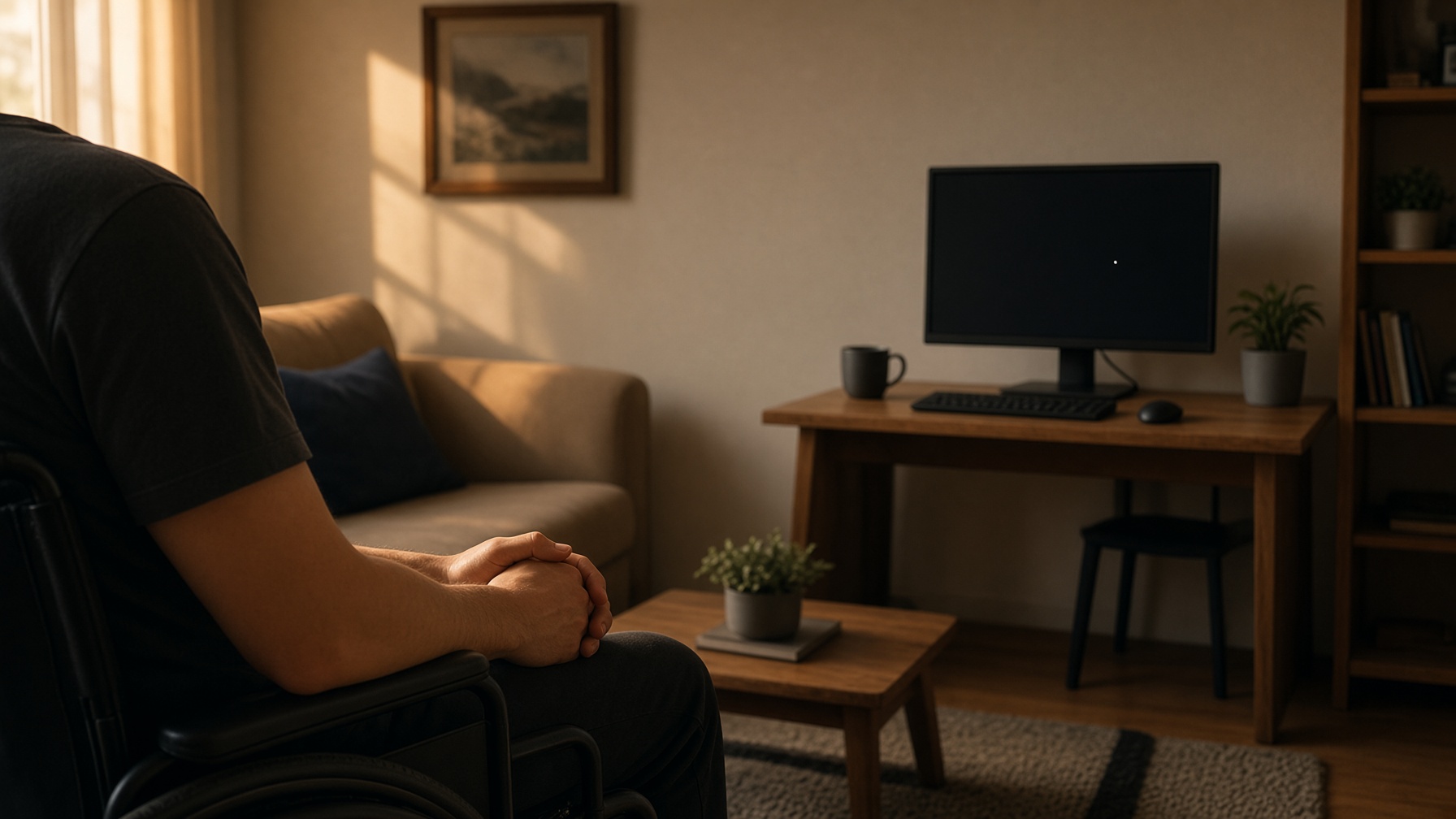 A person seated in a wheelchair, seen only from the shoulders down, facing a dark monitor with one bright point. Created by Grok. Not a study participant.