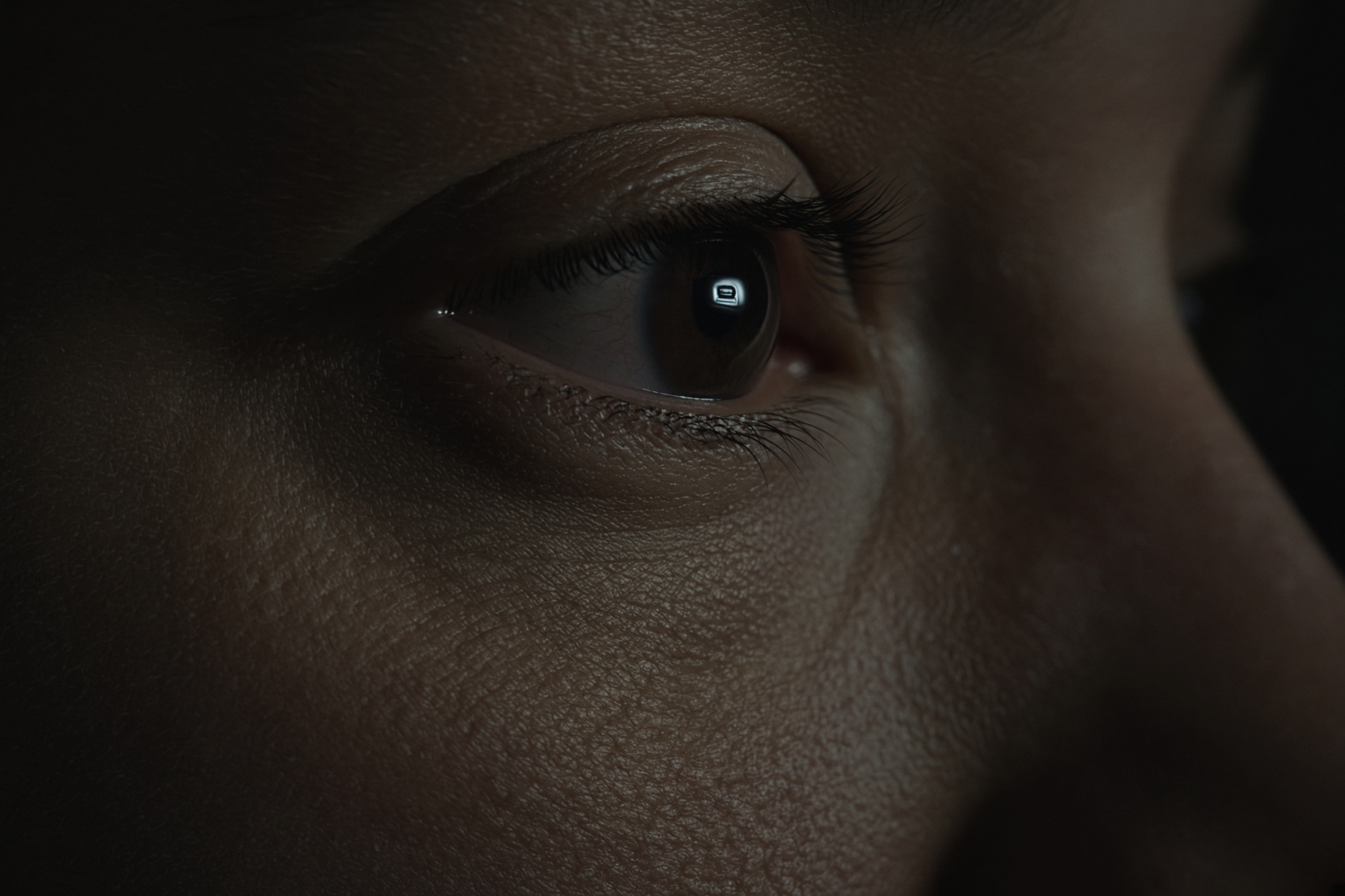 A human eye in profile, with one small point of light in the cornea. Created by Grok.