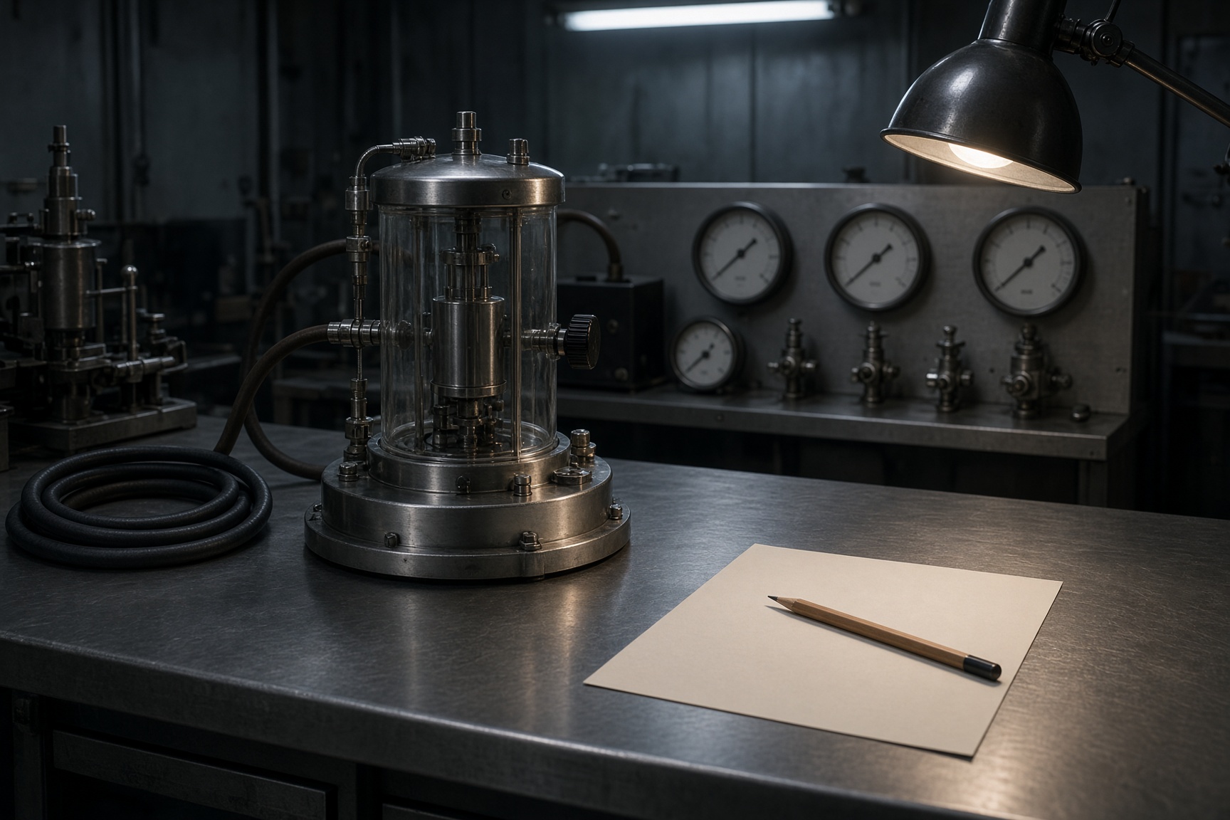 A steel laboratory bench with analog instruments, tubing, and blank paper. Created by Grok. Not a photograph of the 1960 article.