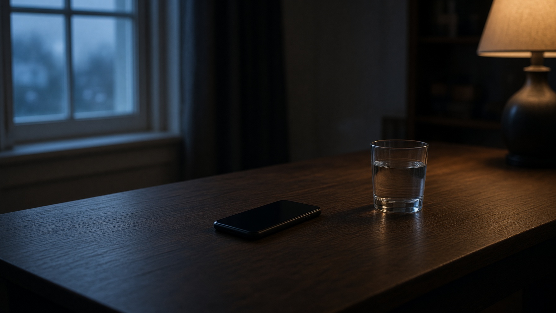The phone on the desk again, now in morning light beside a glass of water. Created by Grok.