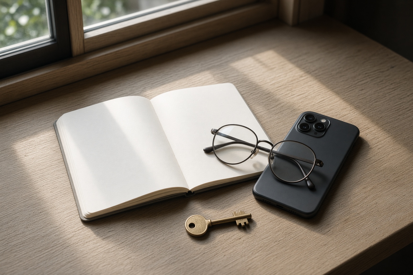 A blank notebook, a dark phone, eyeglasses, and a brass key on a sunlit sill. Created by Grok.