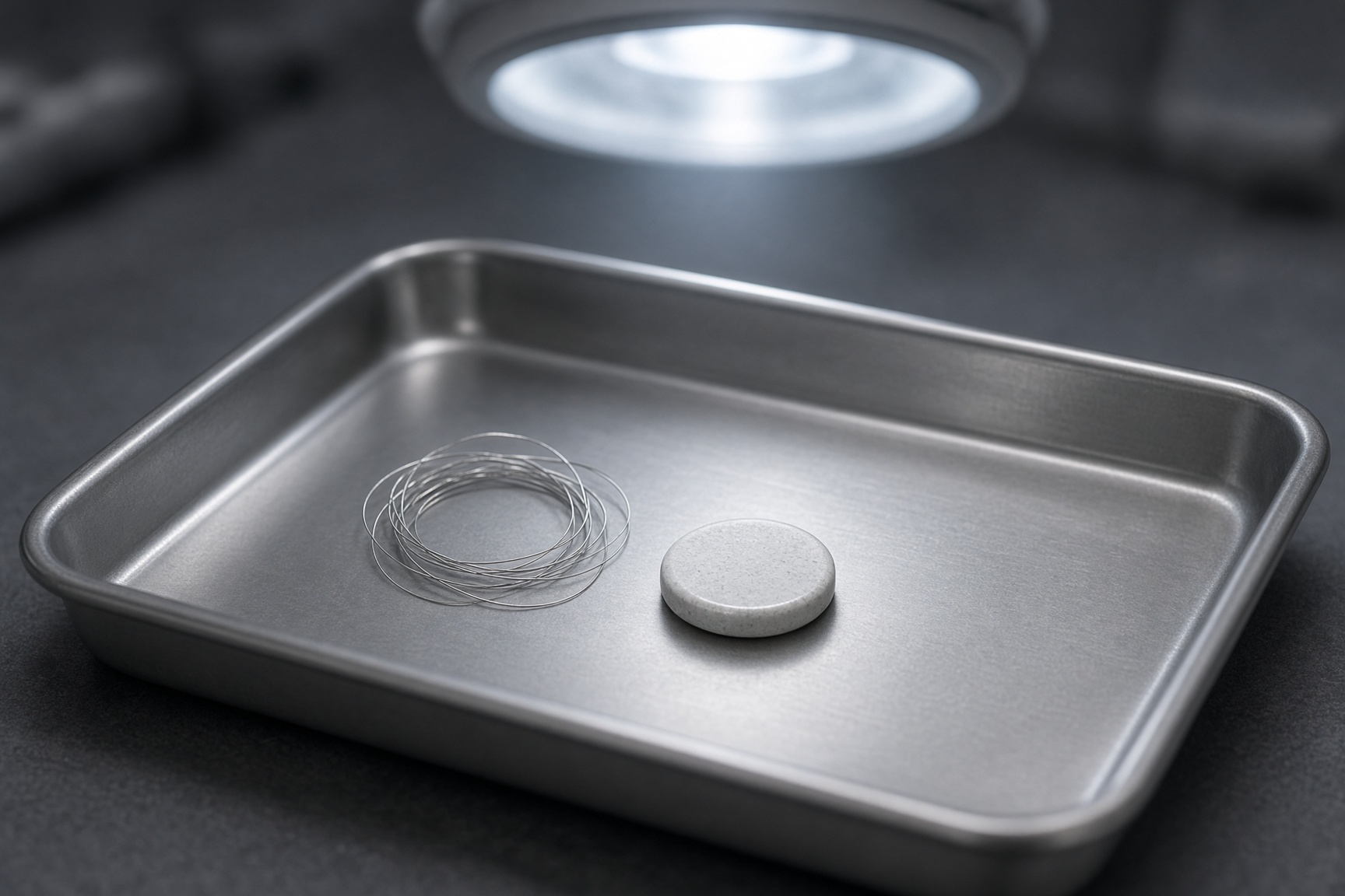 Fine metal threads and a small unlabeled disc on a steel tray under a surgical lamp. Created by Grok. Not a Neuralink photograph and not a medical image.